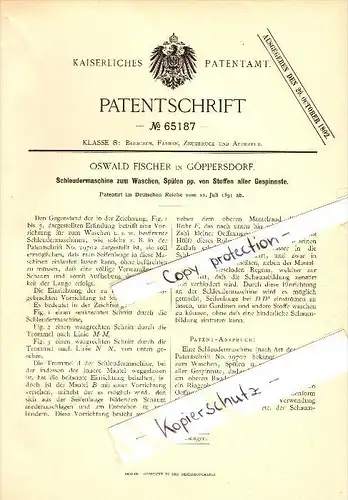 Original Patent - Oswald Fischer in Göppersdorf b. Burgstädt i.S.​ , 1891 , Schleudermaschine , Waschmaschine !!!
