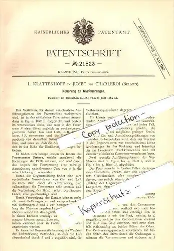 Original Patent - L. Klattenhoff in Jumet , 1882 , Gasfeuerung , Heizwerk !!!