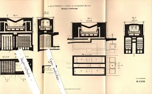 Original Patent - L. Klattenhoff in Jumet , 1882 , Gasfeuerung , Heizwerk !!!