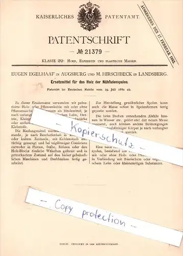 Original Patent - E. Egelhaaf in Augsburg und M. Hirschbeck in Landsberg , 1882 , Nähfadenspulen !!!