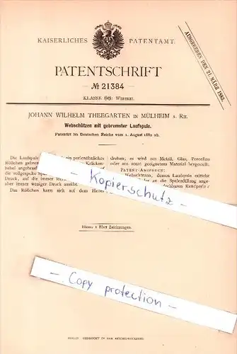 Original Patent - J. W. Theegarten in Mülheim a. Rh. , 1882 , Webschützen mit Laufspule !!!