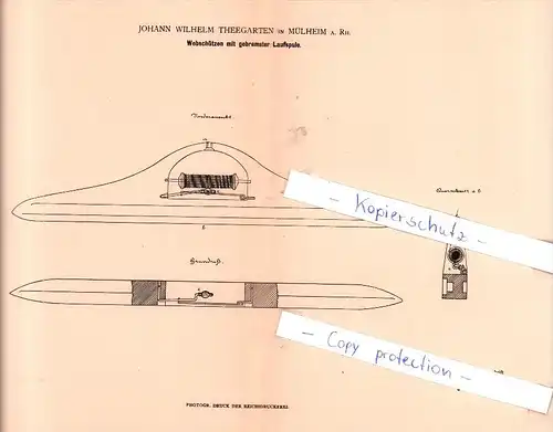 Original Patent - J. W. Theegarten in Mülheim a. Rh. , 1882 , Webschützen mit Laufspule !!!