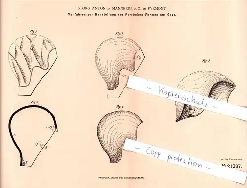 Original Patent - G. Anton in Mannheim , z. Z. in Pyrmont , 1882 , Perücken-Formen aus Gaze , Perücke , Friseur !!!