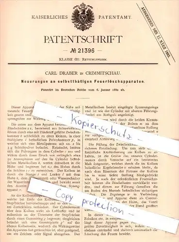 Original Patent - Carl Draber in Crimmitschau , 1882 , Neuerungen an Feuerlöschapparaten , Feuerwehr , Feuerlöscher !!!