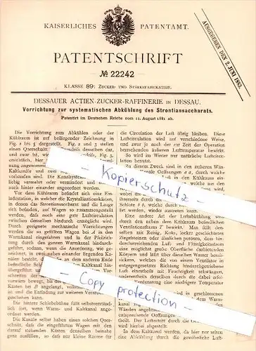 Original Patent - Dessauer Actien-Zucker-Raffinerie in Dessau , 1881 , Zuckerfabrikation !!!