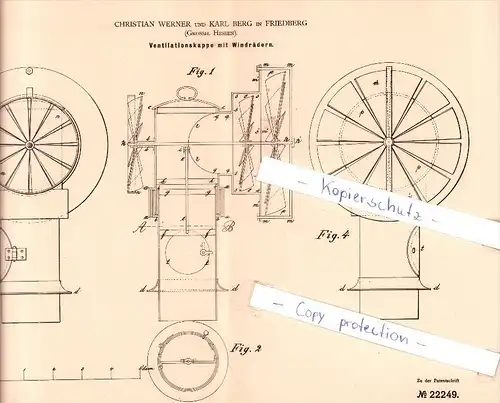 Original Patent - C. Werner und K. Berg in Friedberg , Grossh. Hessen , 1882 , Ventilationskappe !!!