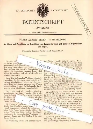 Original Patent - Franz Albert Erbert in Merseburg , 1882 , Herstellung von Sargverzierungen , Bestatter , Friedhof !!!