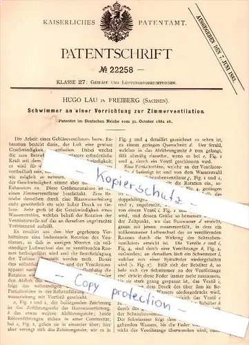 Original Patent - Hugo Lau in Freiberg , Sachsen , 1882 , Zimmerventilation !!!