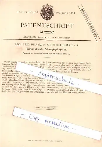Original Patent - Richard Franz in Crimmitschau i. S. , 1882 ,  Schwungkugelregulator !!!