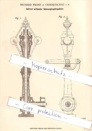 Original Patent - Richard Franz in Crimmitschau i. S. , 1882 ,  Schwungkugelregulator !!!