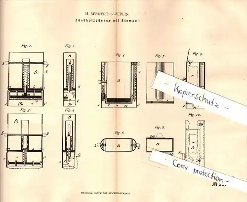 Original Patent - H. Bernert in Berlin , 1882 , Streichholzschachtel mit Stempel , Streichhölzer !!!