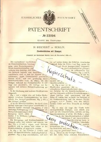 Original Patent - H. Bernert in Berlin , 1882 , Streichholzschachtel mit Stempel , Streichhölzer !!!
