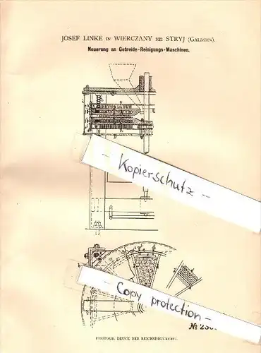 Original Patent - Josef Linke in Wieczany b. Stryj , 1882 , Getreide-Reinigungsmaschine , Agrar !!!