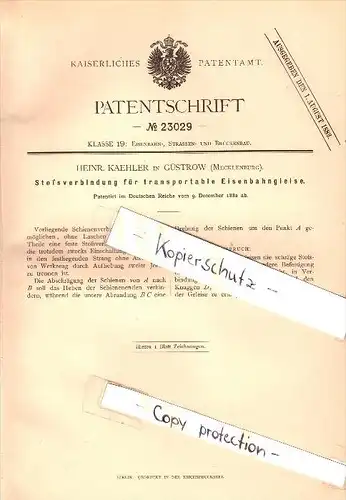 Original Patent - Heinrich Kaehler in Güstrow i. Mecklenburg , 1882 , Stoßverbindung für Eisenbahngleise , Eisenbahn !!!