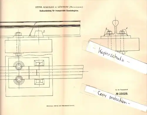 Original Patent - Heinrich Kaehler in Güstrow i. Mecklenburg , 1882 , Stoßverbindung für Eisenbahngleise , Eisenbahn !!!