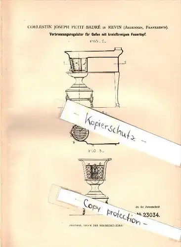Original Patent - C.J. Petit-Badré à Revin , Ardennes , 1882 , régulateur pour poeles  !!!