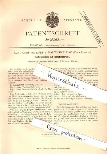 Original Patent - Kurt Graf zur Lippe in Martinwaldau , Kreis Bunzlau , 1882 , Sortiermaschine mit Planetengetriebe !!!
