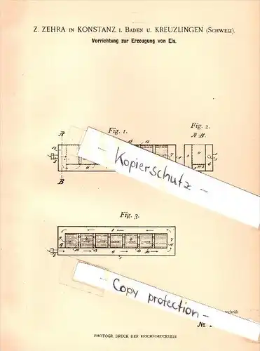 Original Patent - Z. Zehra in Kreuzlingen , Schweiz und Konstanz i. Baden , 1898 , Erzeugung von Eis !!!