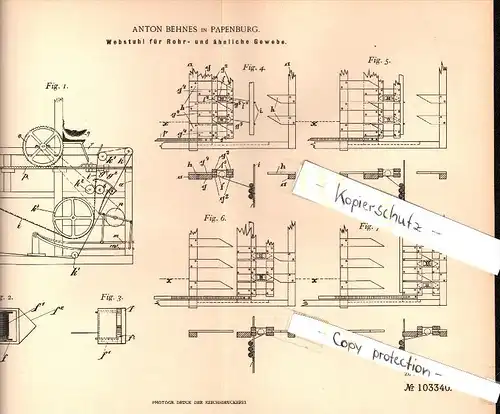 Original Patent - Anton Behnes in Papenburg a.d. Ems , 1897 , Webstuhl für Rohrgewebe , Weber , Weberei !!!