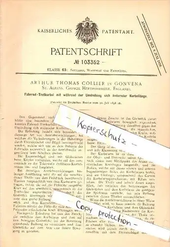 Original Patent - Arthur Thomas Collier in Gonvena , St. Albans , 1898 , Bicycle - Crank  !!!