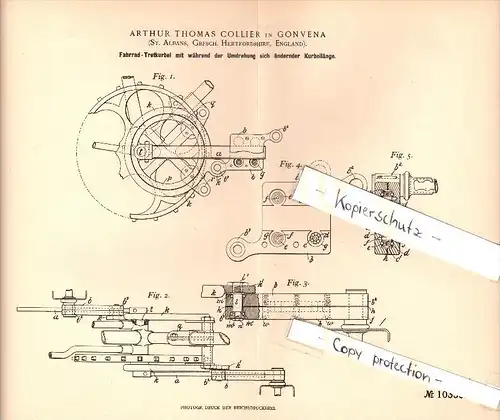 Original Patent - Arthur Thomas Collier in Gonvena , St. Albans , 1898 , Bicycle - Crank  !!!