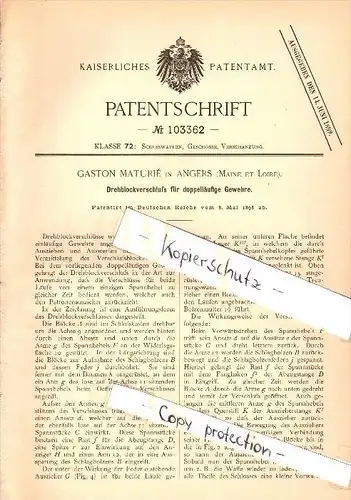 Original Patent -  Gaston Maturié à Angers , Maine et Loire , 1898 , fermeture pour fusils à deux coups !!!