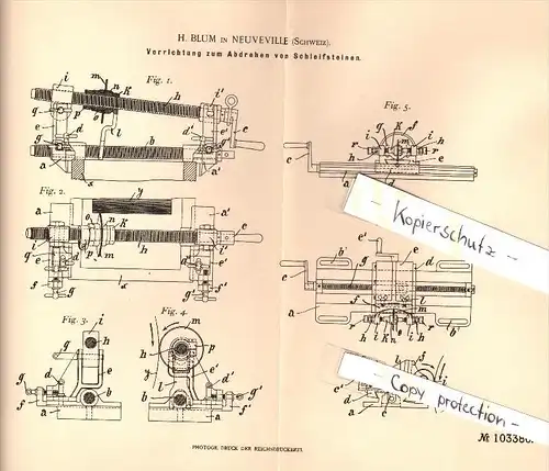 Original Patent - H. Blum in Neuveville , 1898 , Apparat für Schleifsteine !!!