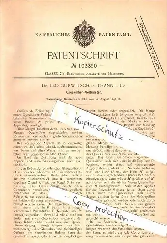 Original Patent - Dr. Leo Gurwitsch à Thann i. Elsass , 1898 , Mercury - voltmètre !!!