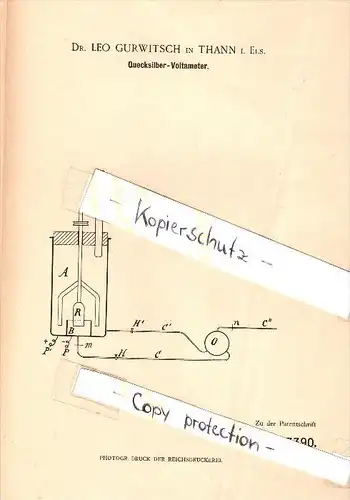 Original Patent - Dr. Leo Gurwitsch à Thann i. Elsass , 1898 , Mercury - voltmètre !!!