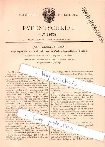 Original Patent   - Josef Nemetz in Wien , 1882 , Magazingewehr mit beweglichem Magazin , Gewehr !!!