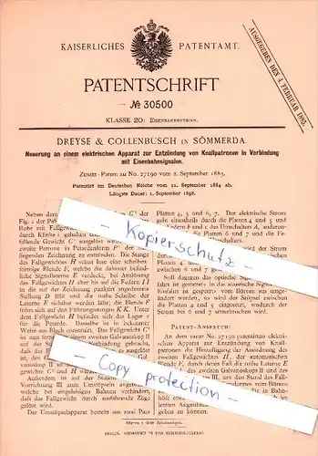 Original Patent - Dreyse & Collenbusch in Sömmerda , 1884 , Knallpatronen-Entzünder für Eisenbahn !!!