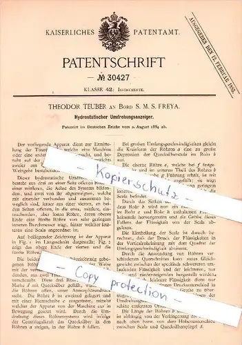 Original Patent - T. Teuber an Bord S. M. S. Freya , 1884 , Hydrostatischer Umdrehungsanzeiger !!!