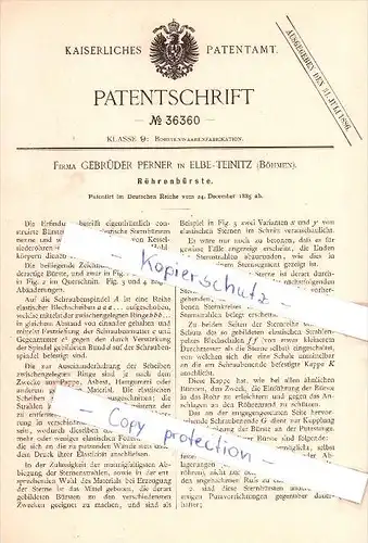 Original Patent - Firma Gebrüder Perner in Elbe - Teinitz / Tynec nad Labem , 1885 , Röhrenbürste !!!