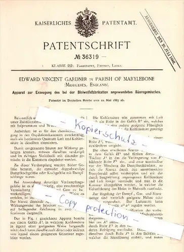 Original Patent - E. V. Gardner in Parish of Marylebone n. London , 1885 , white lead factory !!!
