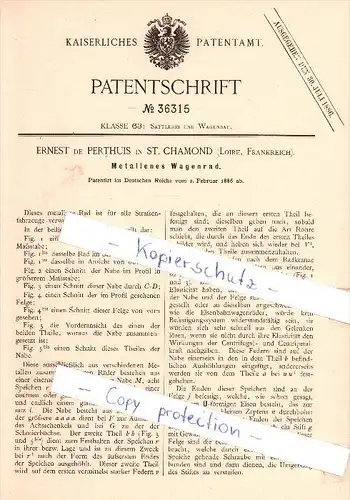 Original Patent   - E. de Perthuis à Saint-Chamond , Loire , 1886 , roue métallique !!!
