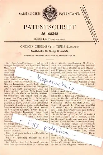 Original Patent   - Gregoir Chelimsky in Tiflis , Russland , 1898 , Druckbehälter für flüssige Brennstoffe !!!