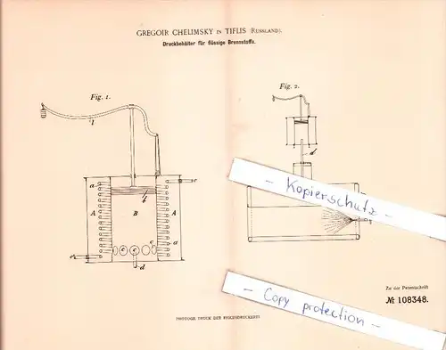 Original Patent   - Gregoir Chelimsky in Tiflis , Russland , 1898 , Druckbehälter für flüssige Brennstoffe !!!
