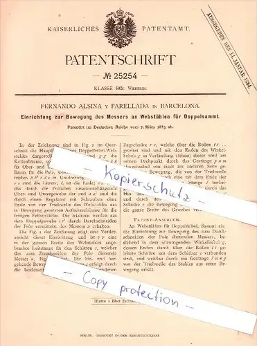 Original Patent   - F. A. v Parellada in Barcelona , 1883 , Aparato para telares , tejeduría !!!