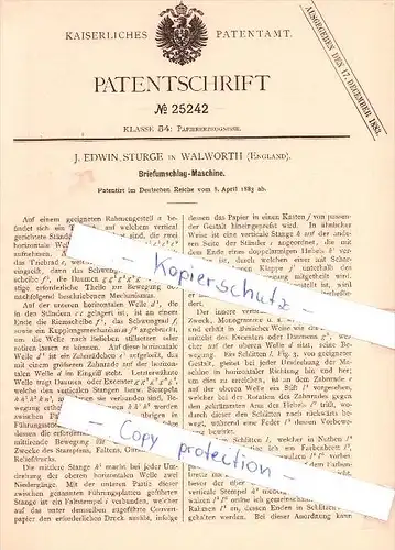 Original Patent - J. Edwin Sturge in Walworth , England , 1883 , Envelope machine , London !!!