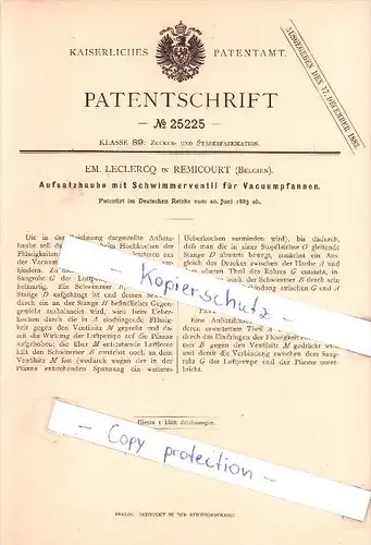 Original Patent   - EM. Leclercq in Remicourt , 1883 ,Schwimmerventil für Vacuumpfannen !!!