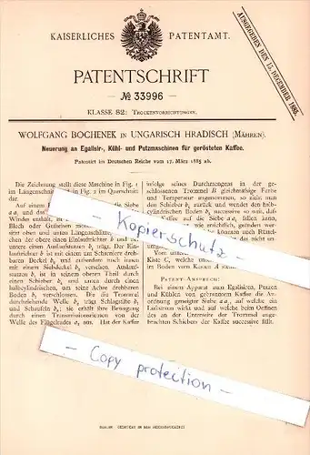 Original Patent - W. Bochenek in Ungarisch Hradisch / Uherské Hradiste , 1885 , Kühl- und Putzmaschinen !!!