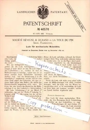 Original Patent   - S. Devigne & Durand in La Tour Du Pin , Isere , Frankreich , 1887 , Weberei !!!