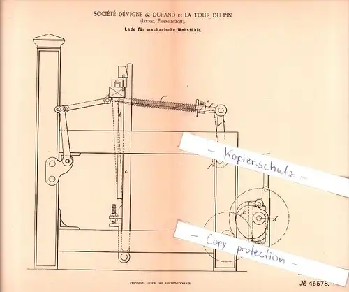 Original Patent   - S. Devigne & Durand in La Tour Du Pin , Isere , Frankreich , 1887 , Weberei !!!