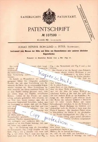 Original Patent   - J. H. Borglind in Pitea , Schweden , 1899 , Instrument zum Messen von Bäumen , Forst , Holz !!!
