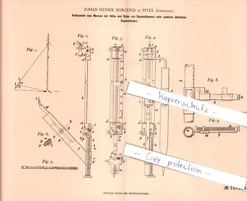 Original Patent   - J. H. Borglind in Pitea , Schweden , 1899 , Instrument zum Messen von Bäumen , Forst , Holz !!!