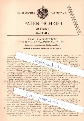 Original Patent   - J. Karlik in Gottesberg / Boguszów und M. Witte in Waldenburg , 1901 , Schlesien , Gorce , Walbrzych