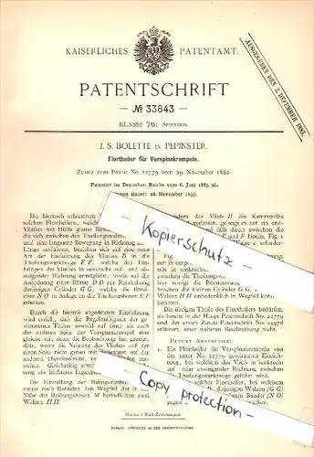 Original Patent - J.S. Bolette in Pepinster , 1885 , Florteiler für Spinnerei !!!