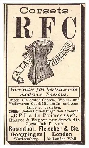 original Werbung - 1888 - RFC Corset , A la Princese , Rosenthal , Korsett , corset !!!
