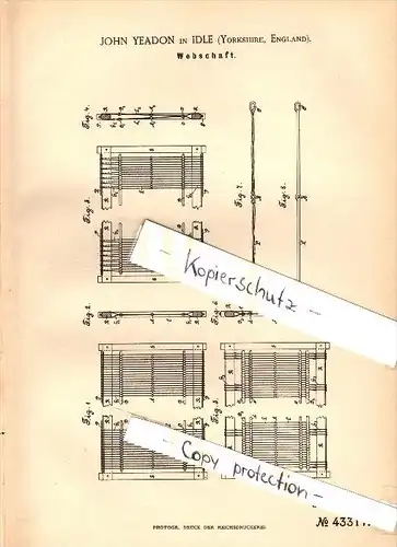 Original Patent - John Yeadon in Idle , Yorkshire , 1887 , Heald frame , weaving !!!!