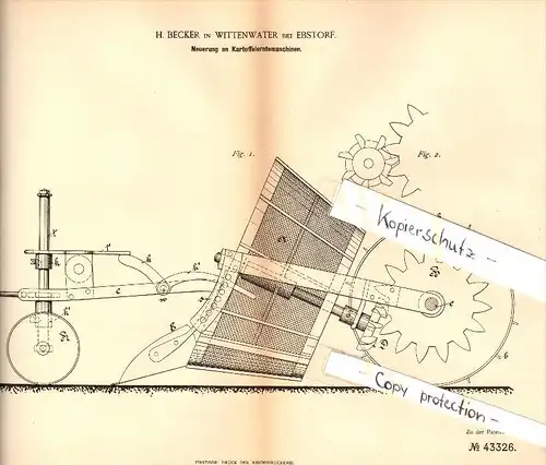 Original Patent - H. Becker in Wittenwater b. Ebstorf , 1887 , Kartoffelerntemaschinen , Landwirtschaft , Schwienau !!!!